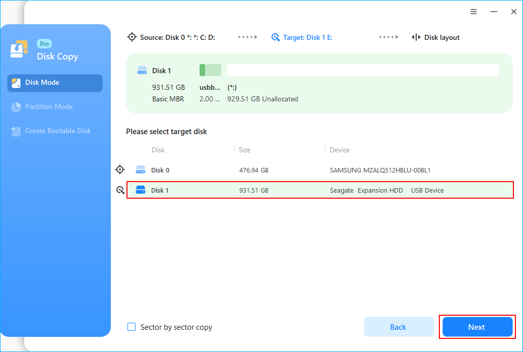 Select destination USB